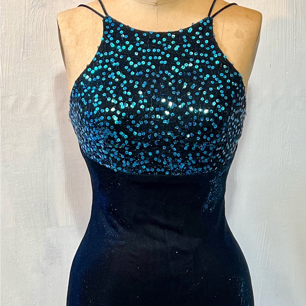 VINTAGE 80s‎ deep midnight teal prom gown formal dress sequin iridescent sparkle - Picture 3 of 15
